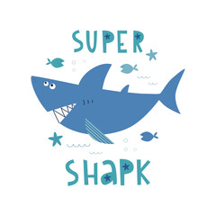 Cartoon shark with handwritten inscription-Super shark. Children's vector illustration. Baby print. Good for posters, textiles, t shirts.
