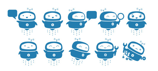 Funny Robot mascot character set. Support service-center. Chat bot. Search with magnifying. All tasks. Cartoon flat vector silhouette illustration.
