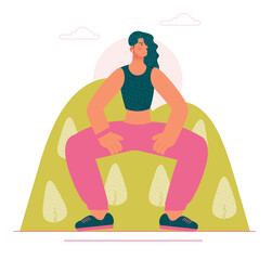 Beauty woman doing yoga pose and breathing exercize. Body exercize, Lunges and squats. Healthy lifestyle. Colorful cartoon vector illustration in trendy style.