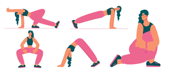 Set of sports woman doing yoga and breathing exercize. Healthy lifestyle. Collection of colorful vector female character in trendy style. Squatting, plank, body twisting.