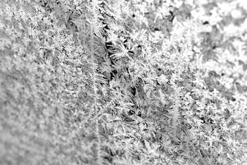 Glass covered with patterns and crystals of frost in winter