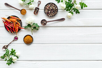 Layout of mixed hot spices and herbs, top view
