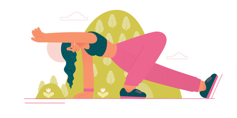 Beauty woman doing yoga pose and breathing exercize. Body exercize, body twisting. Healthy lifestyle. Colorful cartoon vector illustration in trendy style.