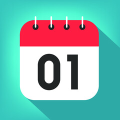 Calendar day 1. Number one on a white paper with red border on blue background vector.