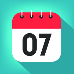 Calendar day 7. Number seven on a white paper with red border on blue background vector.