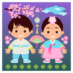 Plum blossom with kids in Korean traditional costume. South Korea background design. Korean traditional symbols and objects.