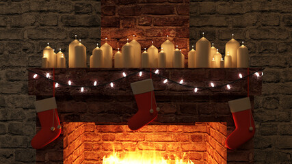 Close-up view on Fireplace with Group of Burning Candless. Christmas Holiday Interior