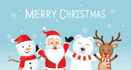 Fototapeta na wymiar Merry christmas and happy new year background. Santa claus and friends on blue color vector illustration.