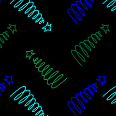 Blue green pine tree wave line counter hand drawn illustration. Curve spiral evening greeting card winter cutout black background postcard. Calligraphy seamless graphic design typography sign