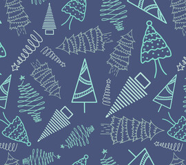 Green fir tree pine star doodle line New Year illustration. Christmas floral element ornament seamless banner greeting card blue background. Vintage decor template shopping textile fabric 