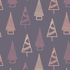 Triangle Christmas trees in a seamless pattern modern flat design. Minimal fir pine graphic design element amazing illustration. Violet yellow pink print materials leaflets posters, business cards web
