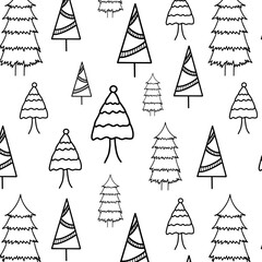 Christmas floral elements illustration seamless banner greeting card background. Black white fir tree pine star doodle line New Year vintage decorative template shopping print textile fabric wrapping 