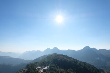 Sunset on mountains panoramic view in nature wallpaper background