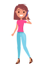 Portrait of young smiling girl wearing pink t-shirt and jeans, stylish shoes at heels. Isolated fashionable cartoon character with bob hairstyle at white. Cheerful girl posing, talking by phone