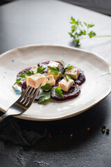 salad beet, pear and cheese organic snack ready to eat on the table healthy meal snack  top view copy space for text food background rustic