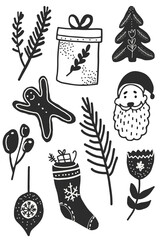 Christmas and New Year black icons set.  illustration