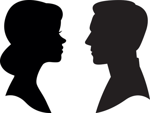 Black silhouette on white background portrait of man and woman in profile head and shoulders vector illustration