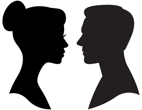 Black Silhouette Portrait Of Man And Woman In Profile Head And Shoulders Vector Illustration