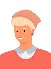 Young man, blond with short hair on a white background in hat on his head and an earring in his ear. Stylish teenager portrait. Handsome smiling young man, student or high school pupil flat vector
