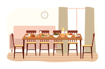 The dining room design flat vector illustration. Dining table with food and chairs nearby. Furniture model for the interior of a room for eating and spending time. Arrangement of furniture at home