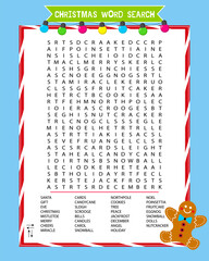 Educational game for children. Christmas word search puzzle. Worksheet for learning english about chrismas holidays. Vector illustration