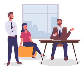 Office workers, colleagues communicating discussing work, executive guys and woman sitting at table and talking standing colleague, businesspeople in office near window, workplace, flat style