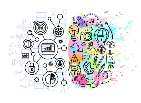 Abstract left and right brain hemispheres with drawing business charts and art predisposition