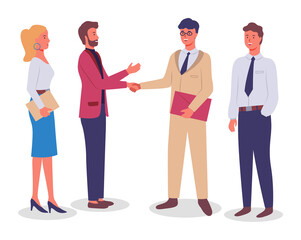 Office staff, colleagues, partners. Men top managers shake hands, closing deal. Blond woman with folder in her hands, young guy holding hand in his pocket. Office staff. Communicate and work