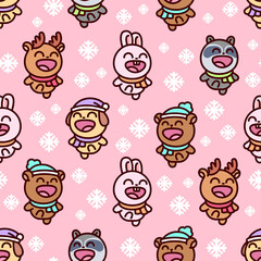 CUTE HAPPY CHRISTMAS CHARACTERS SEAMLESS PATTERN IN PINK BACKGROUND