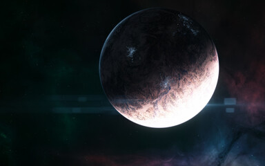 Inhabited planet in background of deep space nebulae. Science fiction. Elements of this image furnished by NASA