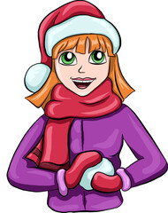 Cute woman in winter hat and warm clothing holding snow with hands