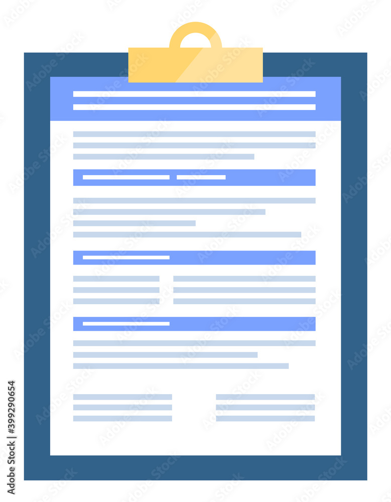 Poster clipboard with document containing information on project. contract or agreement in closeup, isolate