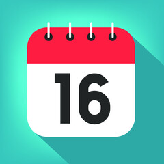 Calendar day 16. Number sixteen on a white paper with red border on blue background vector.