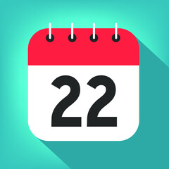 Calendar day 22. Number twenty-two on a white paper with red header on blue background vector.