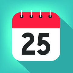 Calendar day 25. Number twenty-five on a white paper with red border on blue background vector.