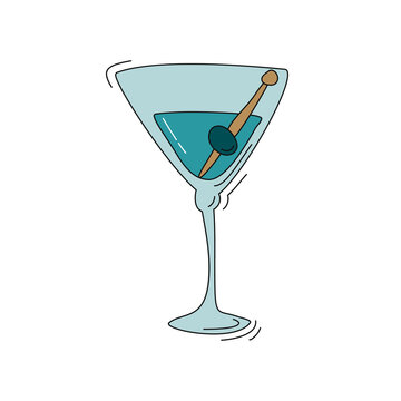 Blue martini wineglass with olive on white background. Cartoon sketch graphic design. Doodle style. Colored hand drawn image. Party drink concept for restaurant, cafe, party. Freehand drawing style