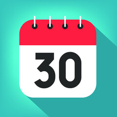Calendar day 30. Number thirty on a white paper with red border on blue background vector.