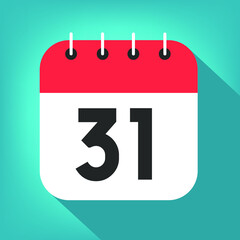 Calendar day 31. Number thirty-one on a white paper with red border on blue background vector.