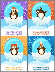 Merry Christmas penguins in glass ball toys vector. Happy New Year celebration, snowing animal skating and falling down. Eating ice cream and waving