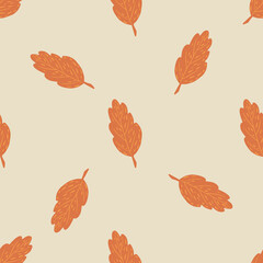 Minimalistic seamless autumn pattern with orange nature foliage ornament. Light grey background.