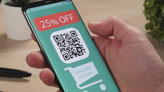 Discount coupon on a smartphone screen with a QR code animated.