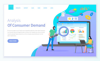 Consumer demand site template. Young woman sits at laptop. Bearded man with cartoon giant magnifying glass. Large page with analytic data, colorful chart bar, consumer research. Attract customers