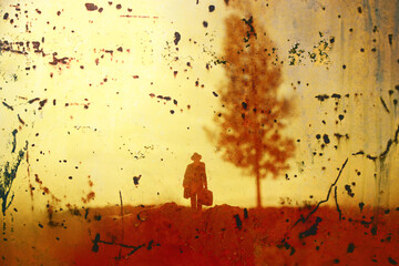 Surreal image of mysterious man walking alone in field during sunset