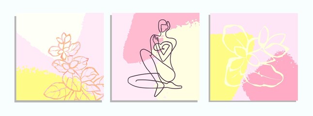 Fototapeta na wymiar Vector set of collage modern poster with abstract shapes and one line illustrations of women body. For posters, textile print, greeting card template, social media post, banner, invitation, brochure