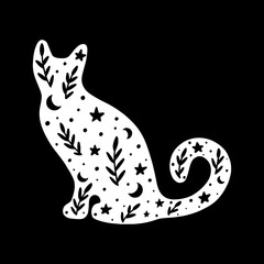Modern witchcraft cat illustration with celestial and floral elements. Hand drawn vector illustration.