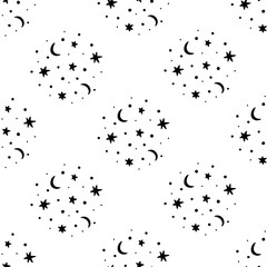 Celestial seamless pattern in black isolated on white background with abstract dots, stars and moon. Hand drawn Scandinavian style vector illustration.