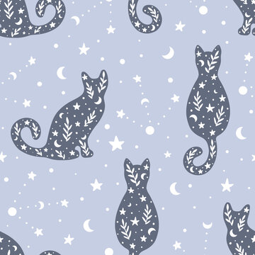 Cute hand drawn seamless pattern with cats and celestial elements in bohemian style. Hand drawn Scandinavian style vector illustration.