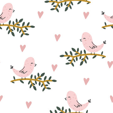 Seamless pattern with childish hand drawn bird and a branch in Scandinavian style with heart shapes around isolated on white background.