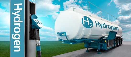 Tank trailer with hydrogen and H2 filling station on the background of a green field and blue sky....