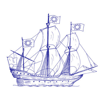 Ship. Hand drawn black realistic outline vector illustration.